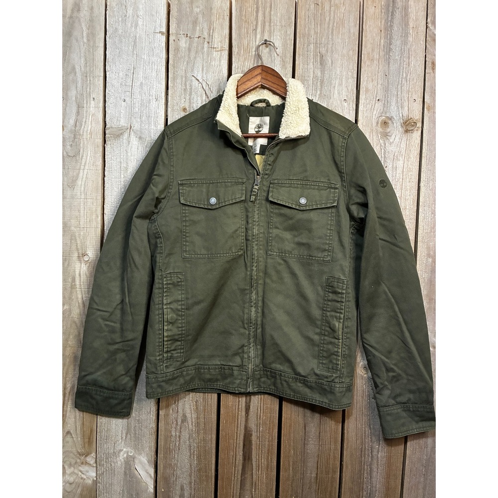 Timberland Womens Olive Green Canvas Field Jacket Faux Shearling Collar Small